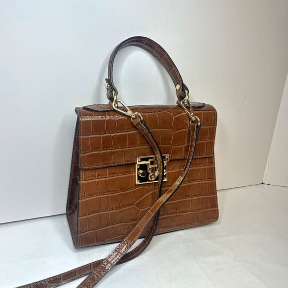 Sali Beige Italian Leather Crocodile Print Top Handle Crossbody Bag Womens - Picture 3 of 12